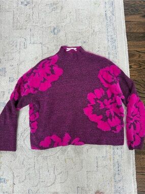 Anthropologie Fuzzy Purple and Hot Pink Floral Turtleneck Sweater